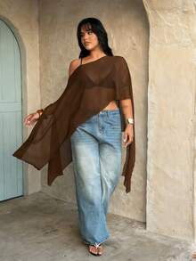 Rustia Plus Size Brown Plain Asymmetrical Hem Semi-Sheer Cloak Sleeve Regular Length Blouse - Brown - View 3
