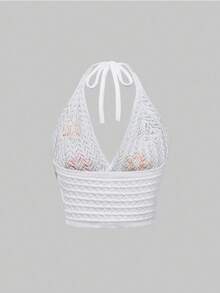 ROMWE Áo cánh trang trí cổ hoa móc dễ thương, phong cách kỳ nghỉ - trắng - Xem 2