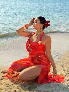 Sunnyshic Sexy Island Beach Resort Strapless Sleeveless Mesh Floral Print Dress, Plus Size - Orange - View 6