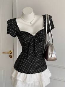 Comfortcana Áo thun nữ kiểu dáng thường ngày, chấm bi và phối ren, thắt nơ phía trước, thích hợp cho mùa hè. - màu đen - Xem 3