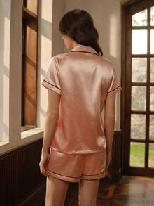 LuxeNights 对比色滚边缎面睡衣套装/睡衣套装 - 杏色 - 查看 2