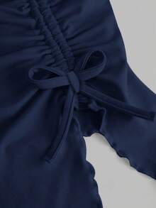 SHEIN Girlism Bộ 2 áo liền quần nhún bèo cho bé gái tuổi teen và quần ống loe - Màu xanh hải quân - Xem 3