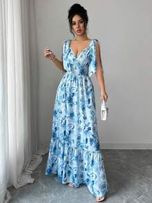 SHEIN Elenzya Abito lungo da donna elegante con stampa floreale blu, scollo a V con spalline sottili, adatto per uso casual, vacanze, spiaggia, vita quotidiana, appuntamenti, feste, raduni, Pasqua - Blu - Visualizzare 6