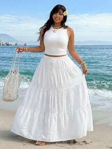 GalTyme Bộ đồ 2 món cỡ lớn dành cho kỳ nghỉ hè: Áo croptop màu trơn và chân váy xếp ly. - trắng - Xem 8