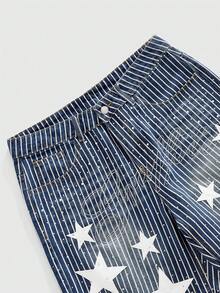 ROMWE MEN 男士五角星水钻条纹牛仔短裤 - 藍白色 - 查看 3