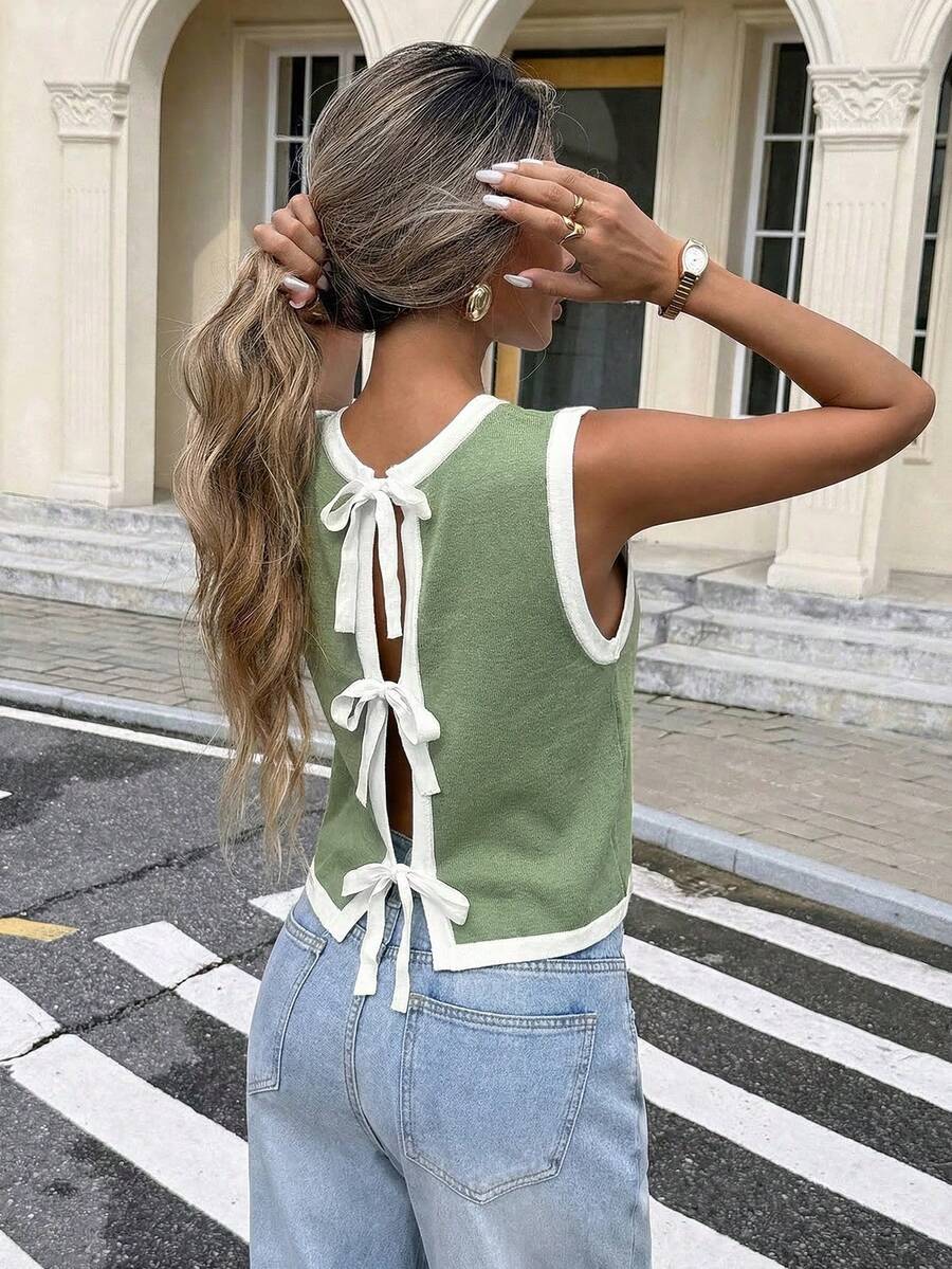 Áo len nữ cổ tròn không tay, phối màu tương phản, thắt nơ phía trước, kiểu dáng thường ngày. - màu xanh lá - Xem 1