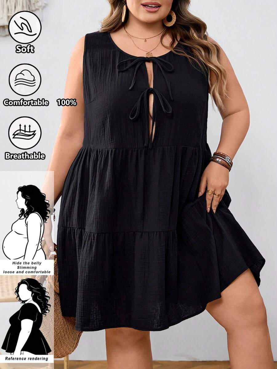 SHEIN CURVE+ 大码女士休闲百搭黑色棉质抽绳蝴蝶结无袖迷你连衣裙 - 黑色 - 查看 1