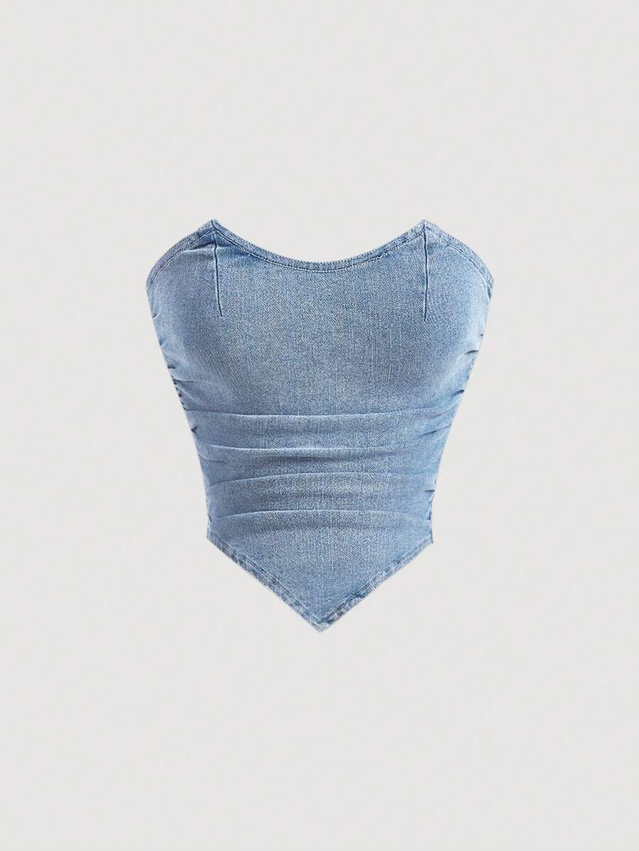 SHEIN MOD 夏季女士纯色时尚褶皱前短后牛仔抹胸上衣 - 淺色水洗藍 - 查看 1