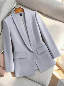 Lumivelle Áo blazer nữ mùa xuân/thu kiểu dáng công sở tối giản, màu trơn, cổ shawl, nhẹ, thích hợp đi làm. - Màu xanh bụi bặm - Xem 5