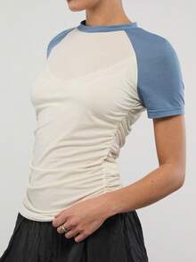 COUREZ Áo thun tay ngắn raglan / Trang phục mùa hè Y2K cho nữ, Áo trắng tay ngắn, Trang phục đi chơi, Trang phục lễ hội âm nhạc, Trang phục đi xem hòa nhạc, Áo mùa hè, Trang phục mùa hè cho nữ - Xanh và trắng - Xem 6