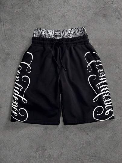 SLATEMANN Pantalones cortos casuales y sueltos con cordón en la cintura y estampado de letras para hombres