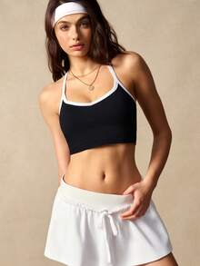 VARSIVA Contrast Color Trim Super Short Sports Halter Top - Black and White - View 8