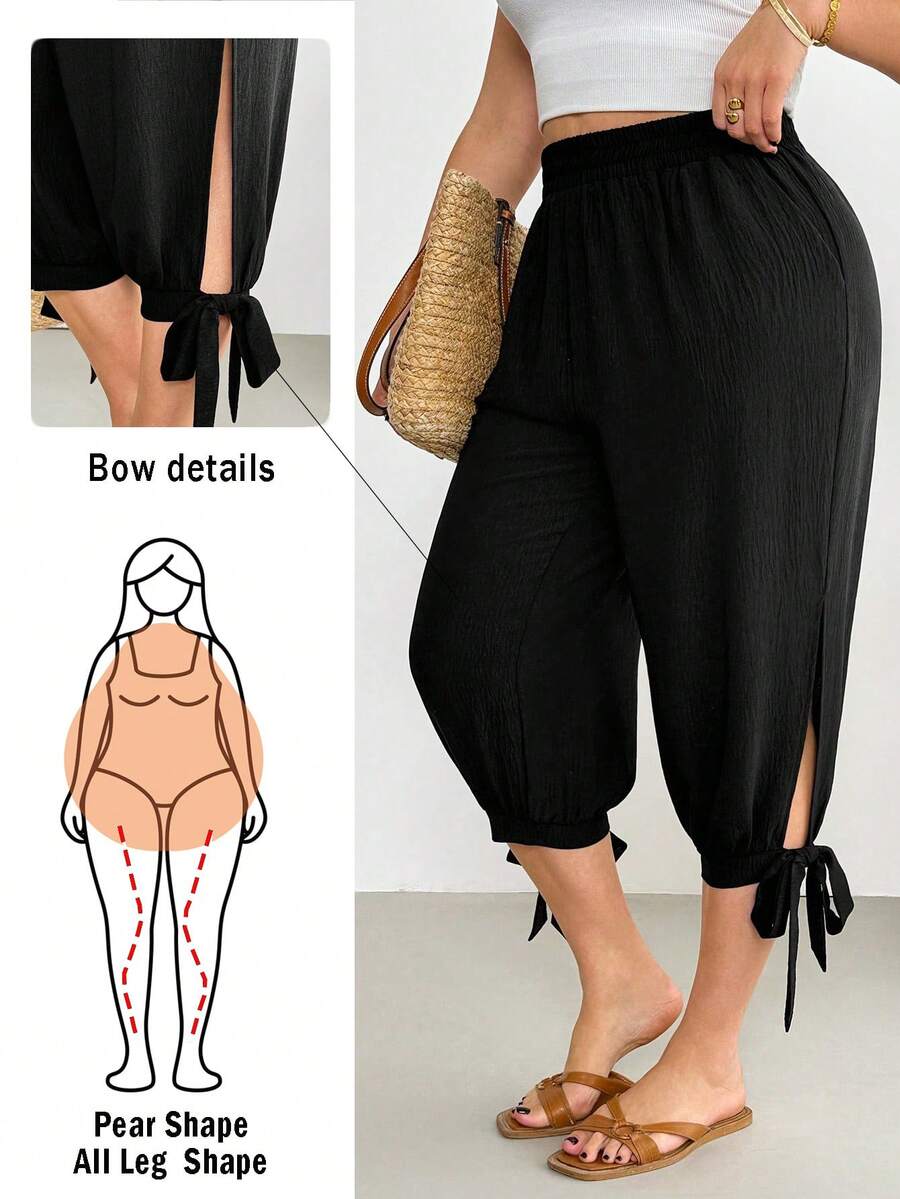Shapeblank Quần Capri nữ cỡ lớn thời trang xuân/hè, dáng rộng thoải mái, mát mẻ, cạp chun co giãn, thắt nơ đen, quần áo mùa hè, quần nữ, trang phục đi nghỉ mát, quần ống rộng nữ, trang phục thường ngày nữ, trang phục mùa hè nữ, bộ trang phục đi nghỉ mát nữ, quần thường ngày xuân/hè cho nữ - màu đen - Xem 1