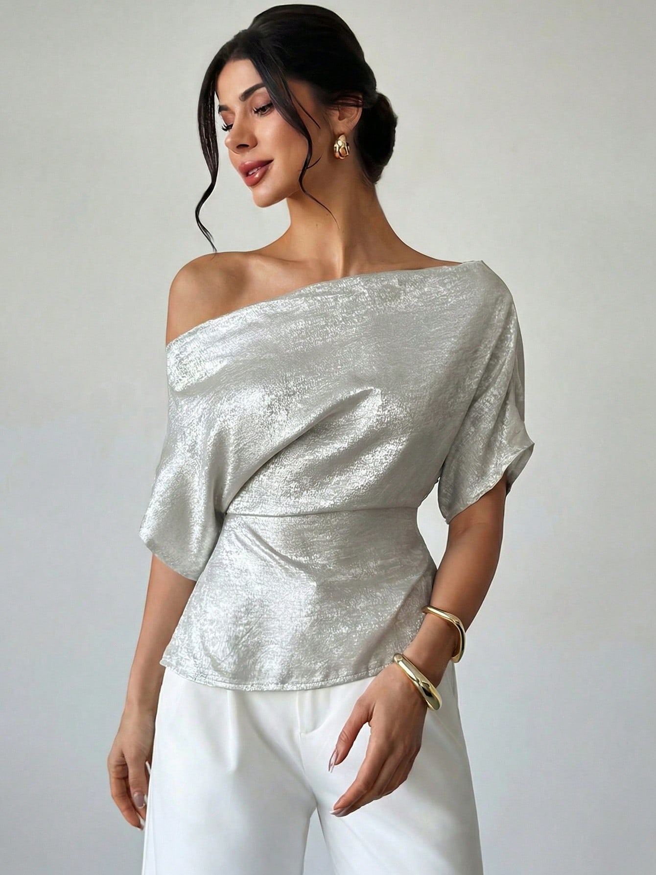 Firerie بلوزة نسائية ذهبية مطلية معدنية فضفاضة ذات...