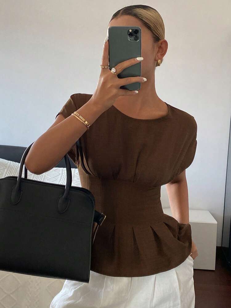 Women's Solid Color Waist Gathered Pleated Short Sleeve Elegant Vacation Summer Blouse