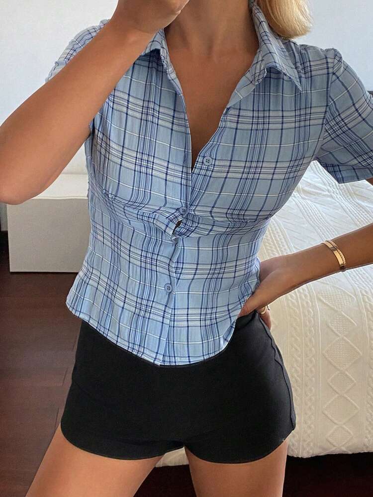Plaid Fitted Waist Short Sleeve Collared Casual Vacation Blouse For Women