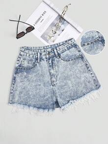 SHEIN EZwear 时尚串珠毛边女式牛仔短裤 - 淺色水洗藍 - 查看 1