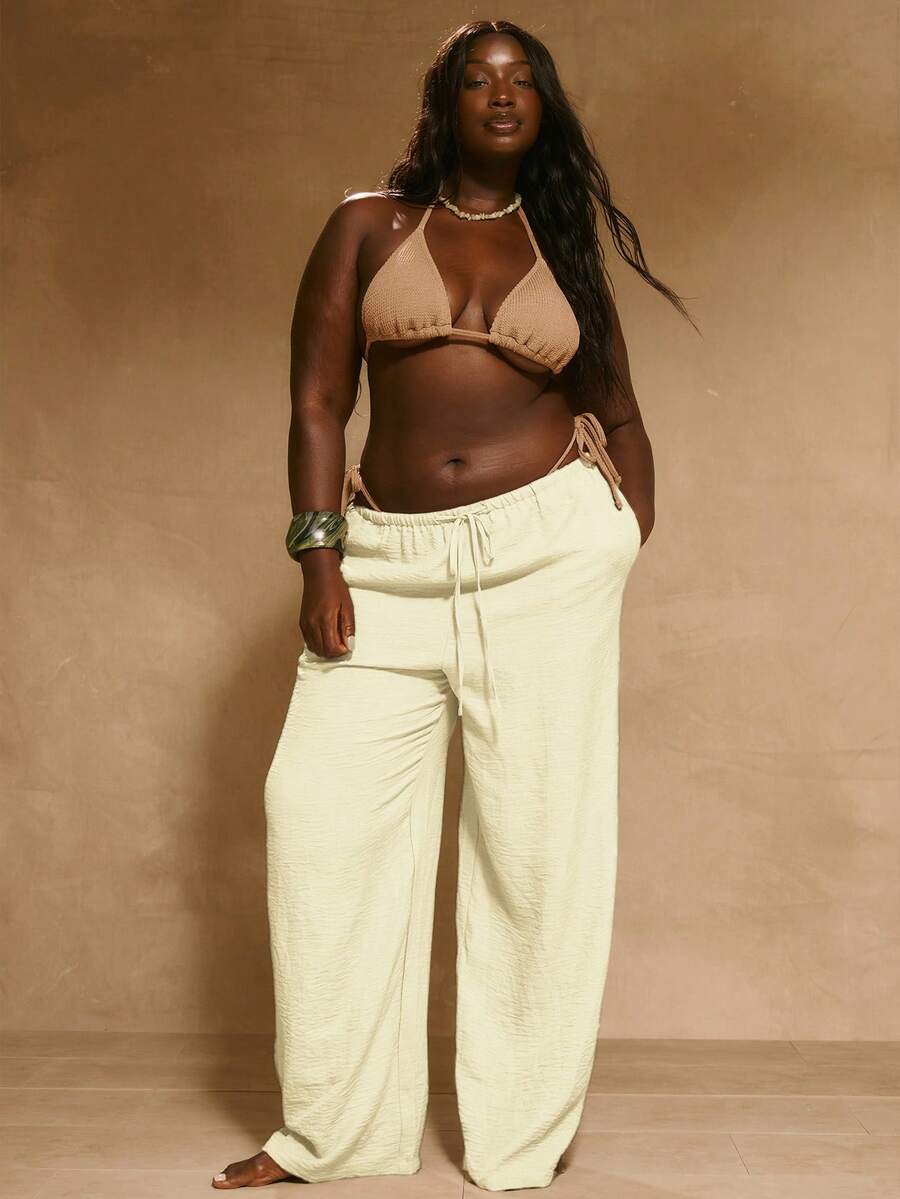 MUSERA Plus Size Mid Rise Wide Leg Drawstring Waist Trousers Vacation Beachwear Elegant Holiday Cute Summer Spring Party - Cream - View 1