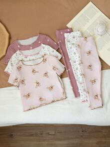 SHEIN LMoss Kids 女婴可爱卡通熊和花卉印花荷叶边圆领短袖上衣和裤子六件套休闲舒适针织睡衣套装 - 彩色 - 查看 3