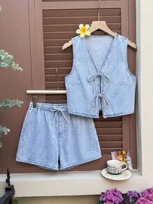 2件套少女蓝色牛仔无袖背心和宽松短裤 - 淺色水洗藍 - 查看 1