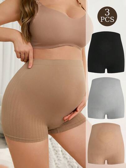 3pcs/Set Seamless High Waist Maternity Underwear, High Waist Safety Shorts To Prevent Exposure, High Elasticity, Elegant, Soft, Non-Restrictive, Simple And Comfortable Everyday Wear