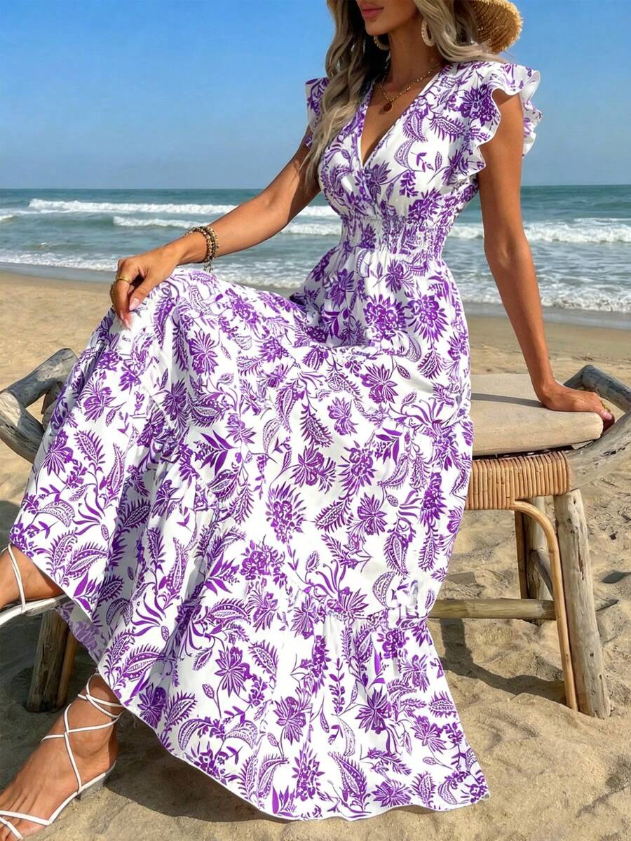 SHEIN Clasi Đầm Maxi Họa Tiết Bướm Tay Phồng Viền Xếp Ly Cho Nữ - Màu tím - Xem 1