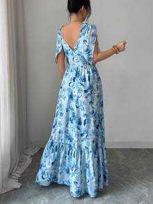 SHEIN Elenzya Abito lungo da donna elegante con stampa floreale blu, scollo a V con spalline sottili, adatto per uso casual, vacanze, spiaggia, vita quotidiana, appuntamenti, feste, raduni, Pasqua - Blu - Visualizzare 2