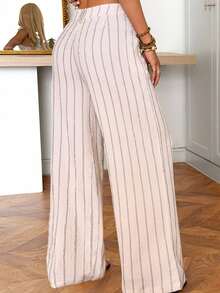 SHEIN EZwear Grey-Pink Striped Woven Women's Suit Pants - Pink - View 2