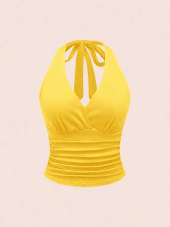 Grunge Punk Y2K-Stil einfarbiges gerafftes Taille Neckholder Damen Gelb Top