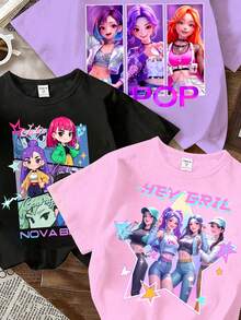 3件套女童休闲创意个性清新简约时尚韩流明星音乐符号爱心星星字母印花基础款短袖T恤套装，黑色/粉色/紫色，舒适日常穿着，适合春、夏、秋季穿着 - 彩色 - 查看 3