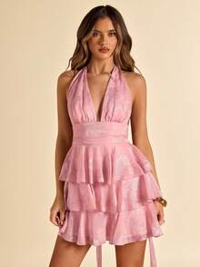 SHEIN BAE Spring/Summer Women's Pink Floral Jacquard Deep V Ruffle Hem Mini Dress, Pink Dress, Elegant Dress, Vacation Dress, Bridesmaid Dress, Birthday Party Dress, Back To School/Graduation Dress - Pink - View 5