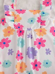 SHEIN Pelele sin mangas con cuello cuadrado, volantes y estampado floral para bebés y niñas pequeñas, adecuado para salidas de primavera/verano, vacaciones y uso diario - Multicolor - Ver 7