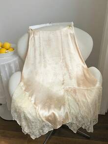 SHEIN Comfortcana 女士优雅缎面提花撞色蕾丝不对称下摆半身裙，度假风 - 杏色 - 查看 4