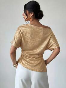 Firerie Women's Elegant Sophisticated Urban Chic Off-Shoulder Asymmetric Hem Metallic Coated Gold Blouse,Summer Top For Seductive Party Night Valentine's Day - Khaki - View 2