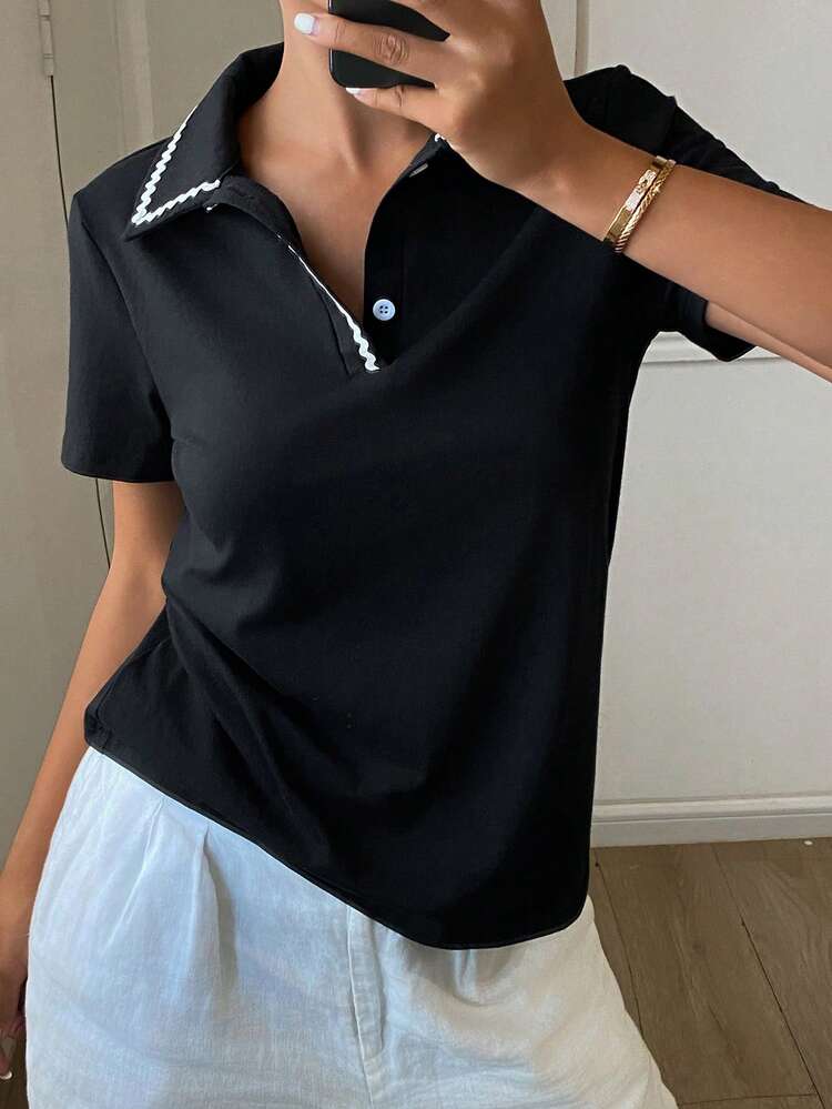 Women's Summer Polo Collar Contrast Color Short Sleeve Casual Pullover T-Shirt