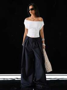 LYSMO 2026新款简约春季女式休闲白色露肩收腰T恤，夏季上衣 - 白色 - 查看 5