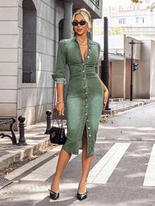 EMERY ROSE Plus Size Fashionable Commuter Fitted Front Button Denim Dress - Green - View 4