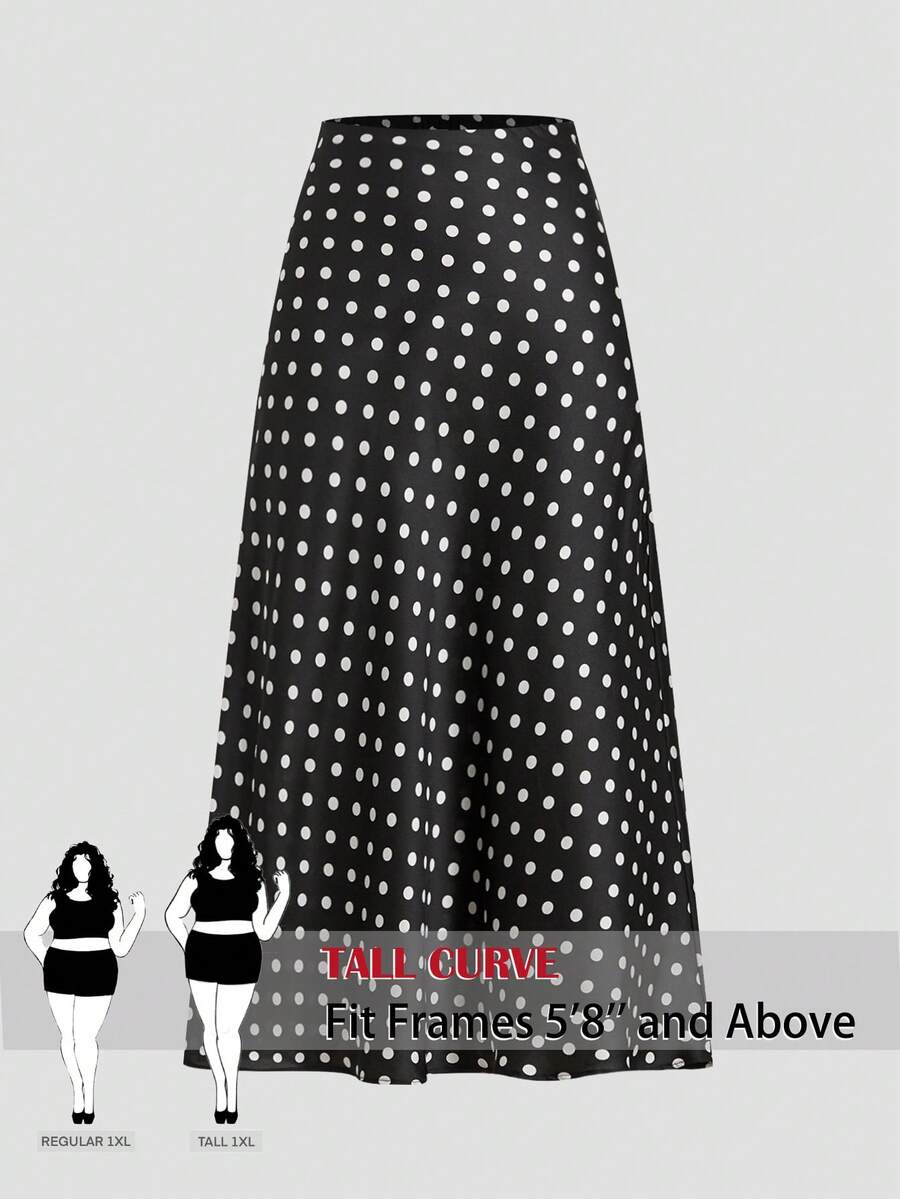 SHEIN Tall CURVE Chân váy chữ A cỡ lớn, thanh lịch, in chấm bi, phù hợp cho việc đi làm. - màu đen - Xem 1