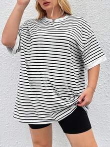 SHEIN CURVE+ 大码夏季休闲条纹落肩宽松T恤 - 黑與白 - 查看 5