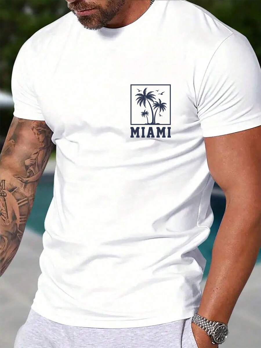 Manfinity RSRT Men's Casual Miami Palm Tree Print White Short Sleeve T-Shirt - White - View 1