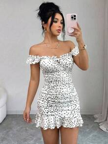 SHEIN Elenzya 女士波点印花扭结前襟休闲迷你连衣裙 - 黑與白 - 查看 7