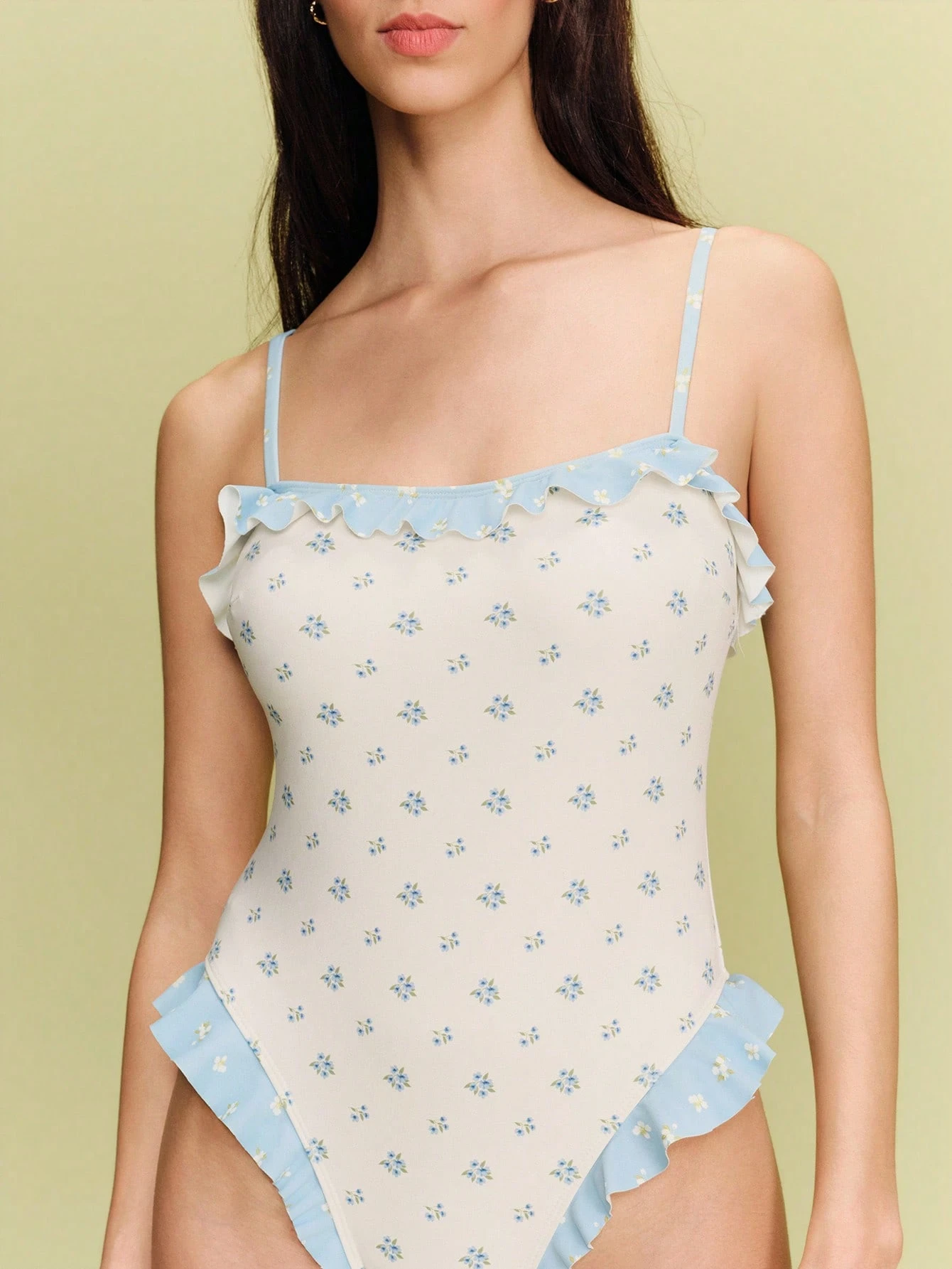 Floral Print Contrast Ruffle Detail Swim Suit One Piece Vintage Style Cute Vacation Summer Swimsuit
