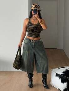 Coolane 女士加大码春夏街头复古风演唱会锐舞节夜店文艺复兴集市俱乐部背心皮衣，黑色上衣 - 軍綠色 - 查看 2