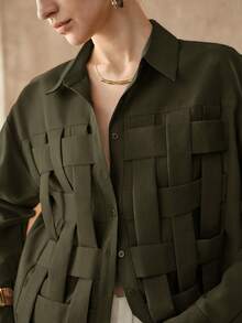 Arave Camisa casual recta de mujer con cuello de camisa, manga larga tipo raglan y media cartera, de tela tejida lisa - Verde militar - Ver 4