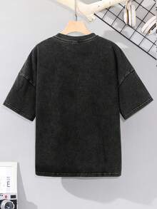 SHEIN 儿童/青少年男童休闲水洗色宽松圆领短袖针织T恤，适合上学、花园、海滩、生日、春季、夏季、秋季、冬季穿着。 - 黑色 - 查看 7