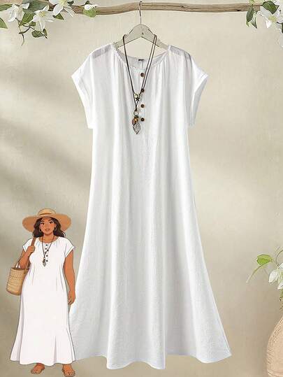 EMERY ROSE Đầm nữ cỡ lớn màu trơn cổ tròn tay cánh dơi, kiểu dáng thường ngày, thích hợp cho mùa hè, mùa xuân, trang phục đi biển cho nữ, trang phục nghỉ mát cho nữ, đầm thường ngày cho nữ, đầm trắng cho nữ, đầm xuân trắng kiểu dáng thường ngày cho nữ, đầm trắng tay ngắn, đầm trắng cổ điển, đầm vải lanh cho nữ mùa hè