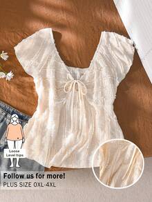 CosyJoli 大码女式提花衬衫，休闲女装小喇叭袖T恤，荷叶边袖上衣，休闲年轻女装夏季上衣，休闲女式上衣，系带短袖衬衫，夏季女式上衣，优雅夏季女式上衣 - 米色 - 查看 1