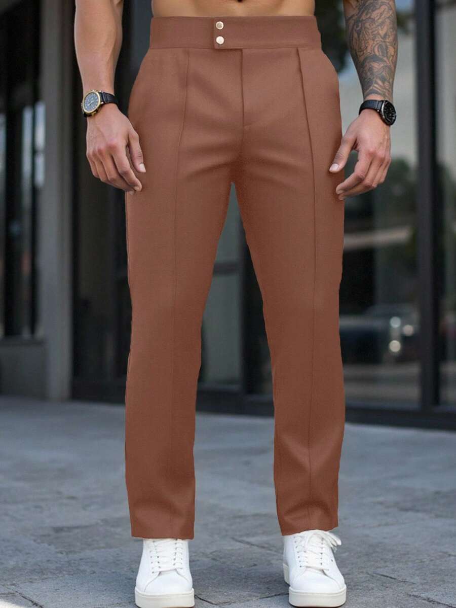 Manfinity Homme Men's Solid Color Minimalist Daily High-Waist Suit Pants For Ceremony - Coffee Brown - View 1