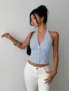 Aloruh Women Striped Stand Collar Single-Breasted Vest Thin Blazer In Summer/Spring Button- Latest Tops For Women New Arrivals,Summer Top - Blue and White - View 3
