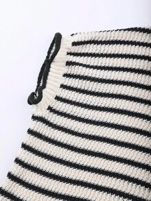 Franclia Regular Length Plus Size Casual French Style Black And White Striped Striped Knit Batwing Sleeve Top Everyday Summer - Black - View 4